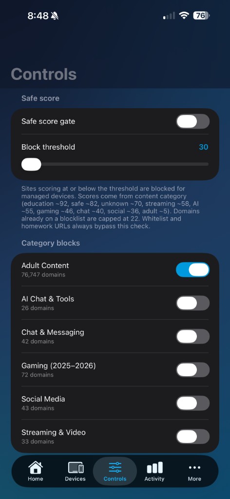 Scree companion app Controls screen with Safe Score gate and category blocks