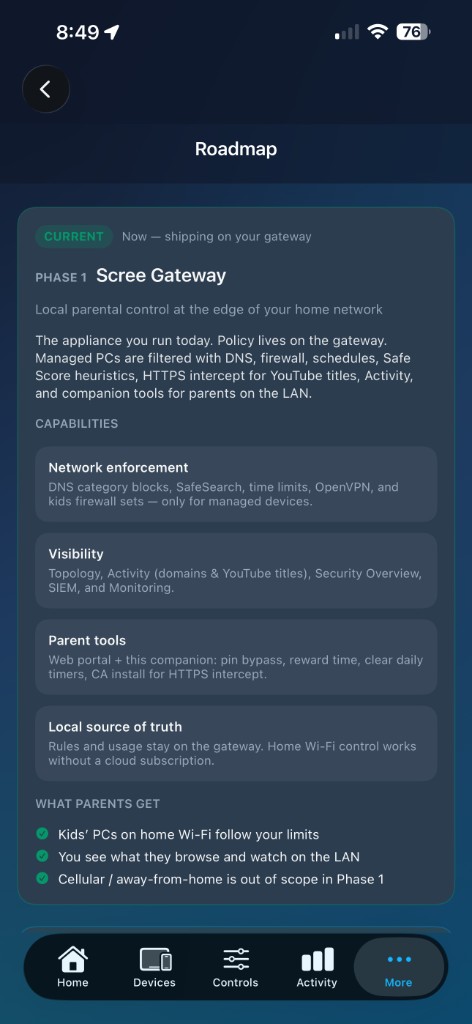 Scree companion app Roadmap showing current phases