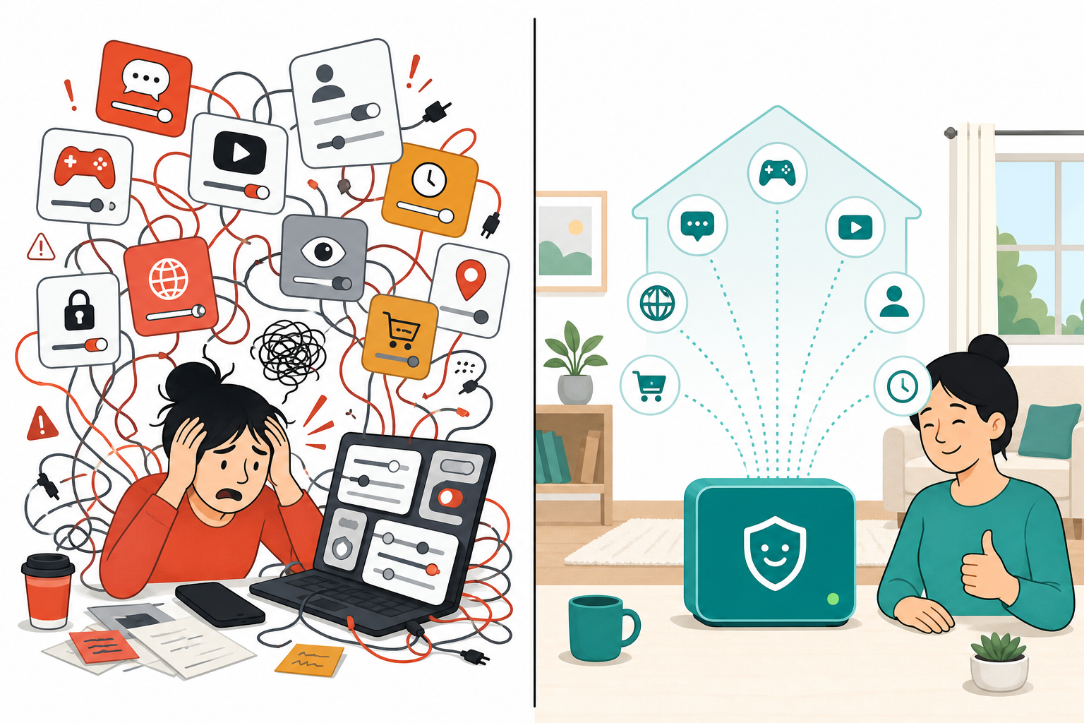 Fragmented parental control vs Australian Sovereign parental controls — chaotic app settings on the left, one place for parents with Scree on the right