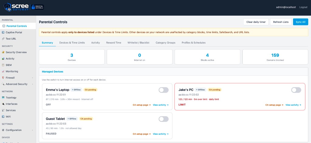 Scree Cloud Policy Manager showing managed devices, time limits, and parental controls