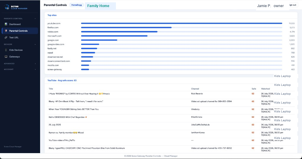 Scree Cloud Manager — top sites and YouTube activity with Safe Score