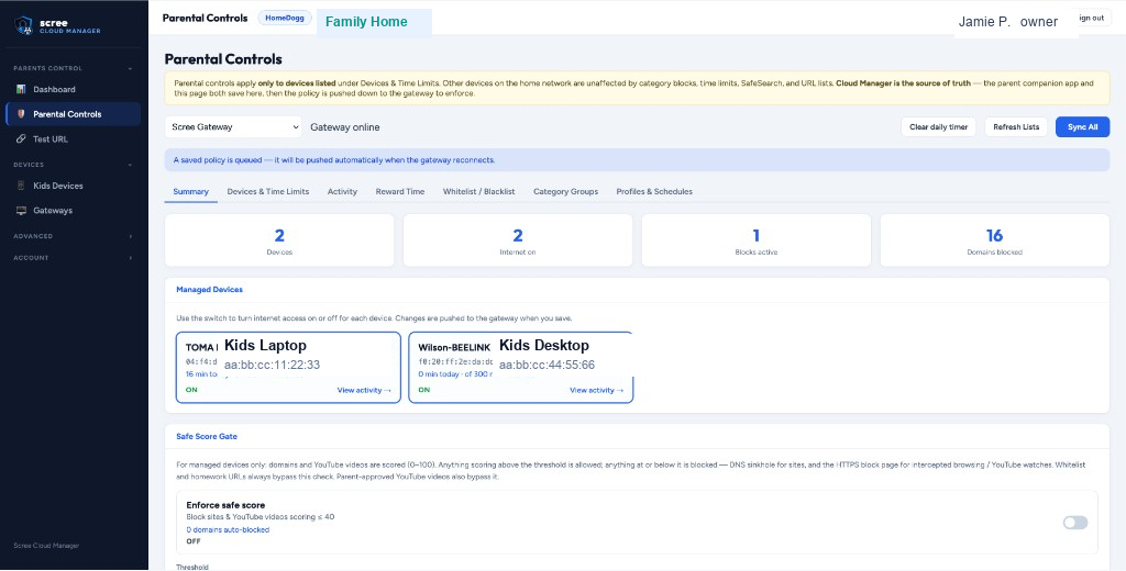 Scree Cloud Manager — Parental Controls summary with managed devices and Safe Score