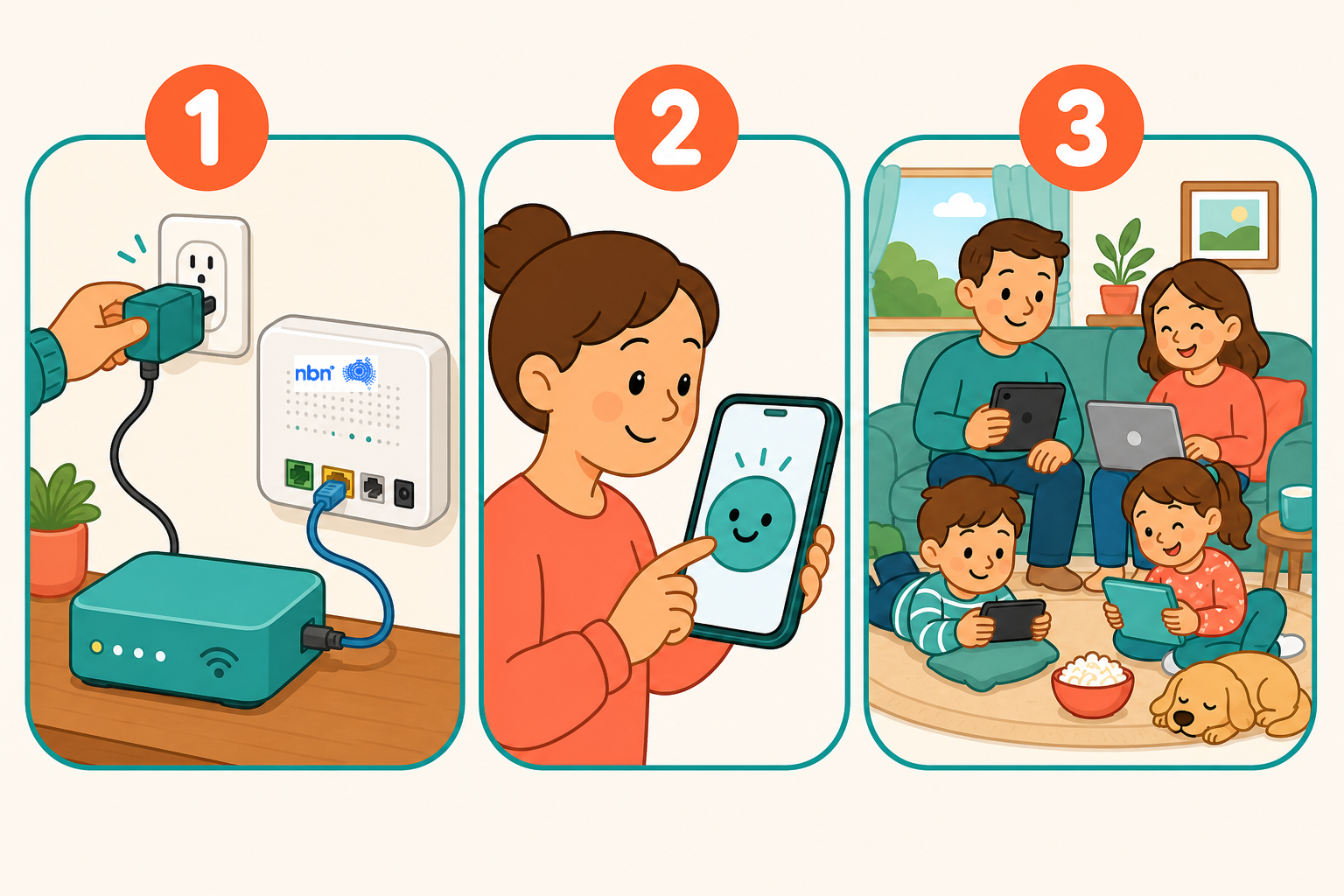 Cartoon of connecting Scree Gateway to the NBN NTU, setting rules on a phone, then a calm family using devices